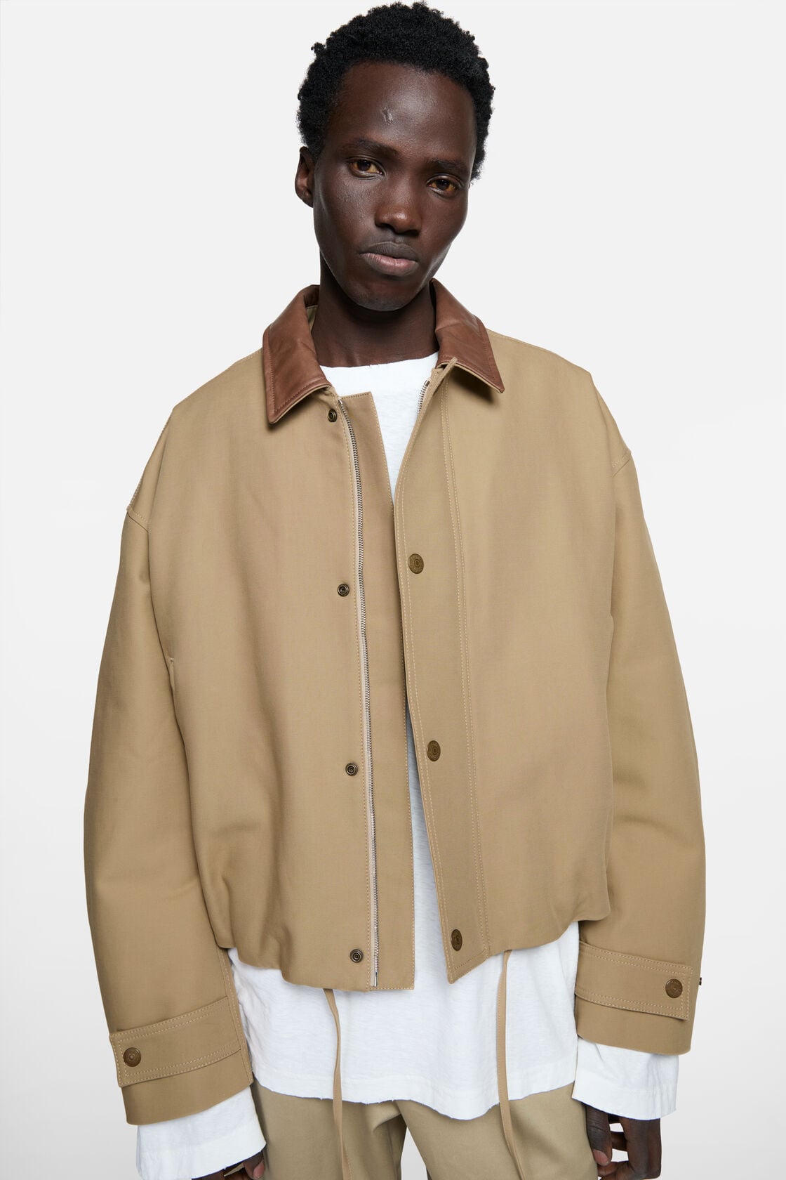 Bomber with leather collar, Khaki beige, 2000x