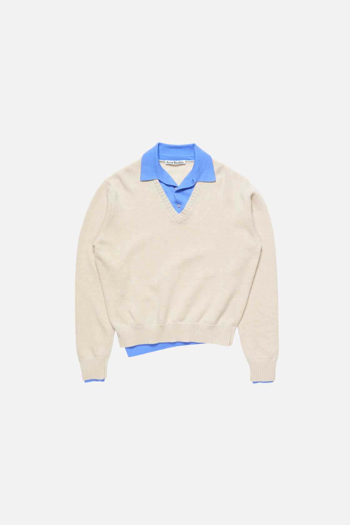 Acne Studios dirty white V-neck wool knit sweater layered over a blue polo shirt, both displayed flat on a white background.