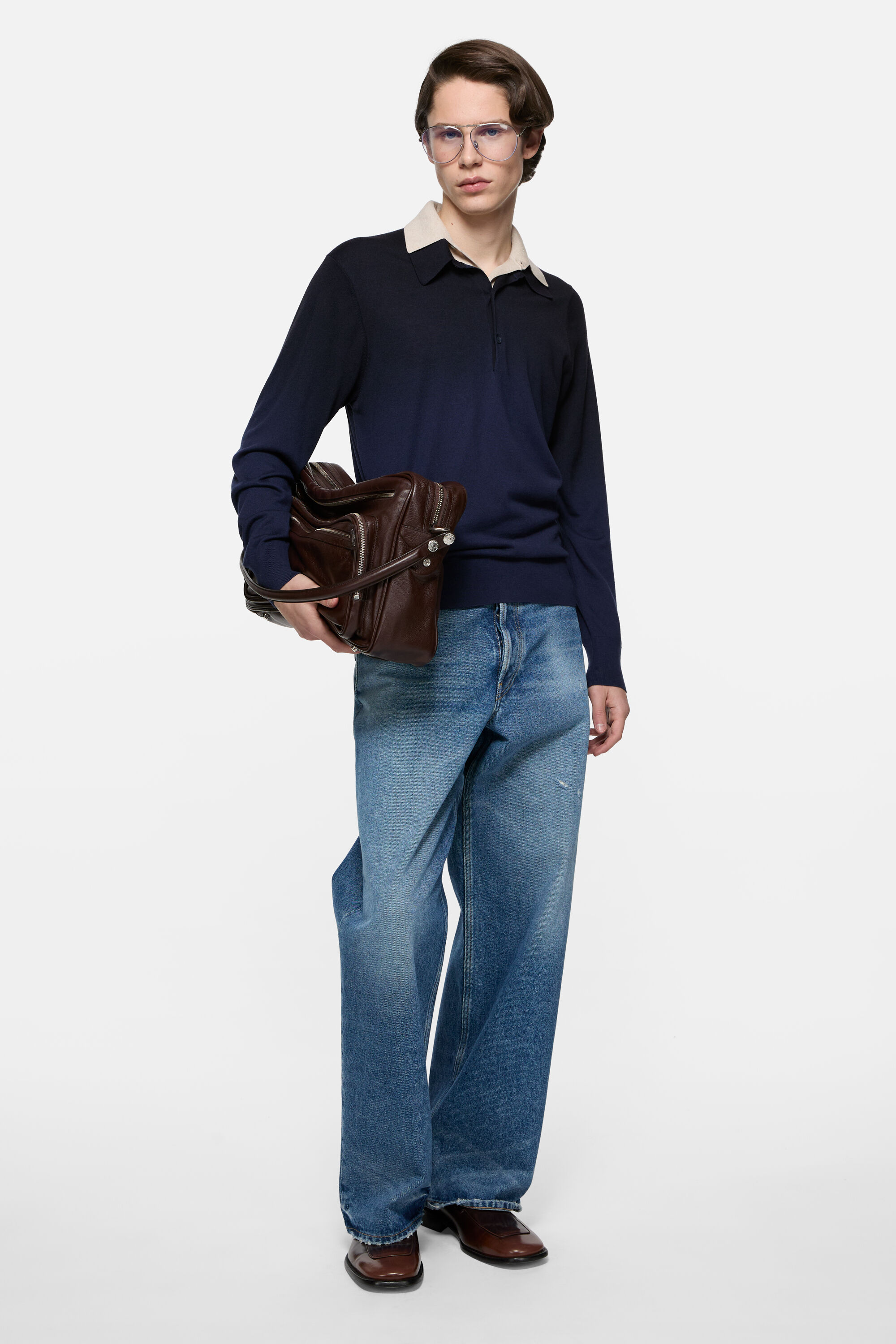 Acne Studios - シルクブレンドポロニット - ネイビー/ベージュ