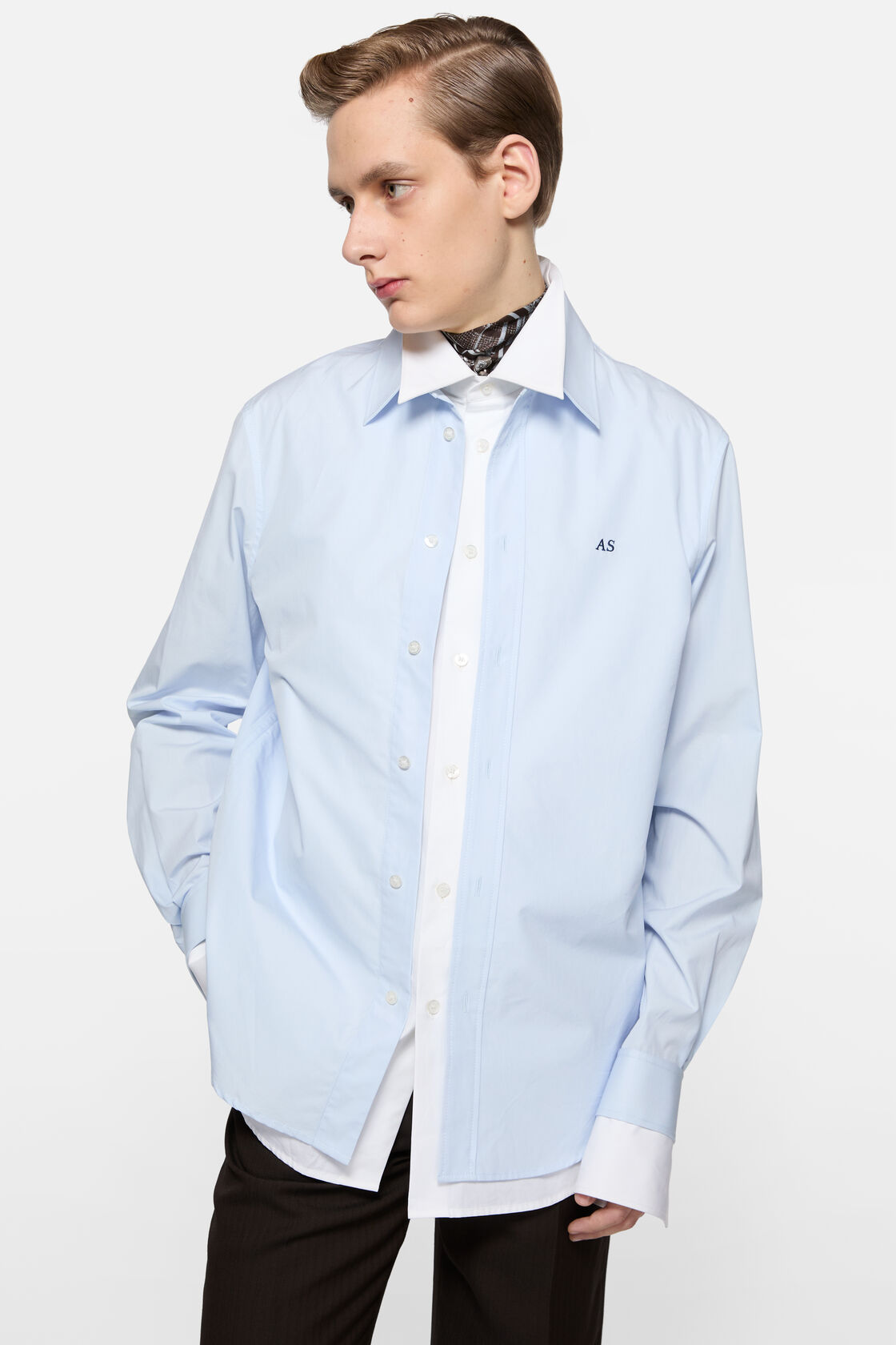 Layered poplin button-up shirt, Blue/white, 2000x