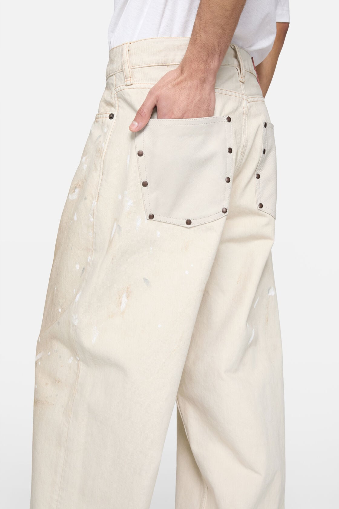 Loose fit jeans with leather pockets, White, 2000x