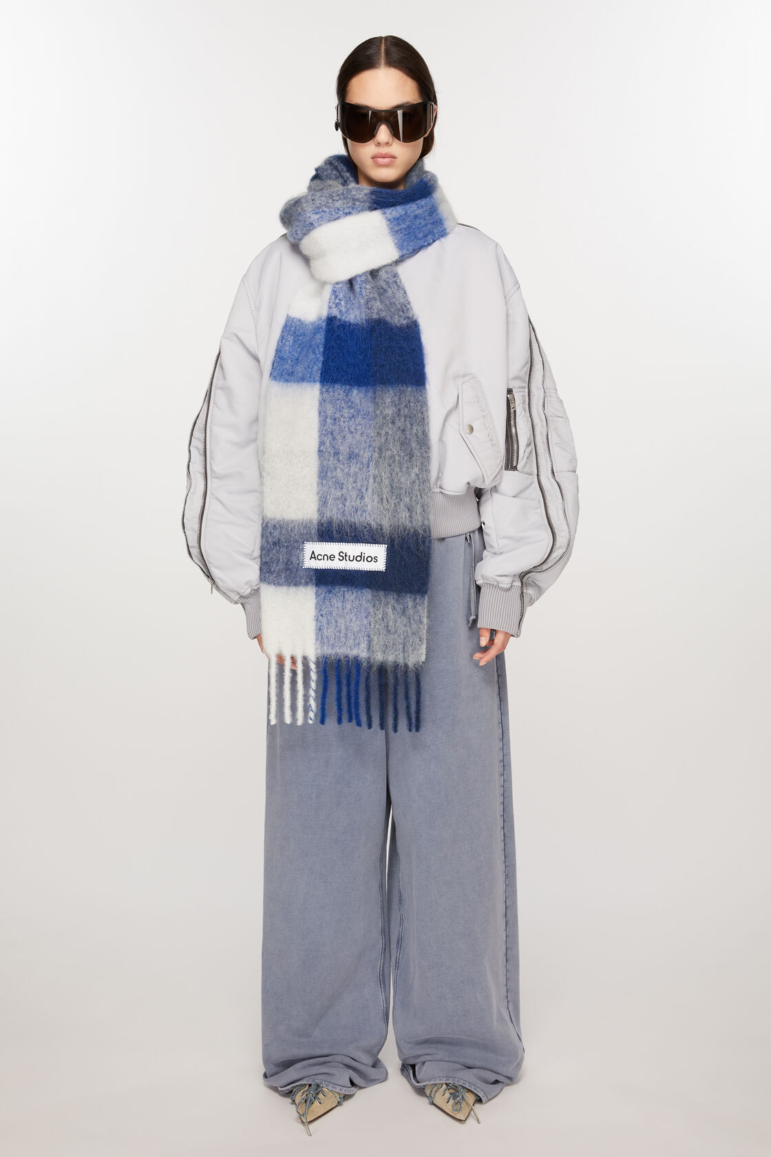Mohair checked scarf, White/grey/royal blue, 2000x