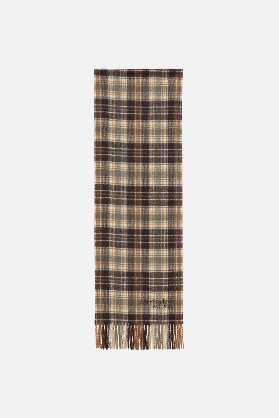 Acne Studios cashmere scarf in dark brown and khaki green plaid check with fringe ends and embroidered logo.