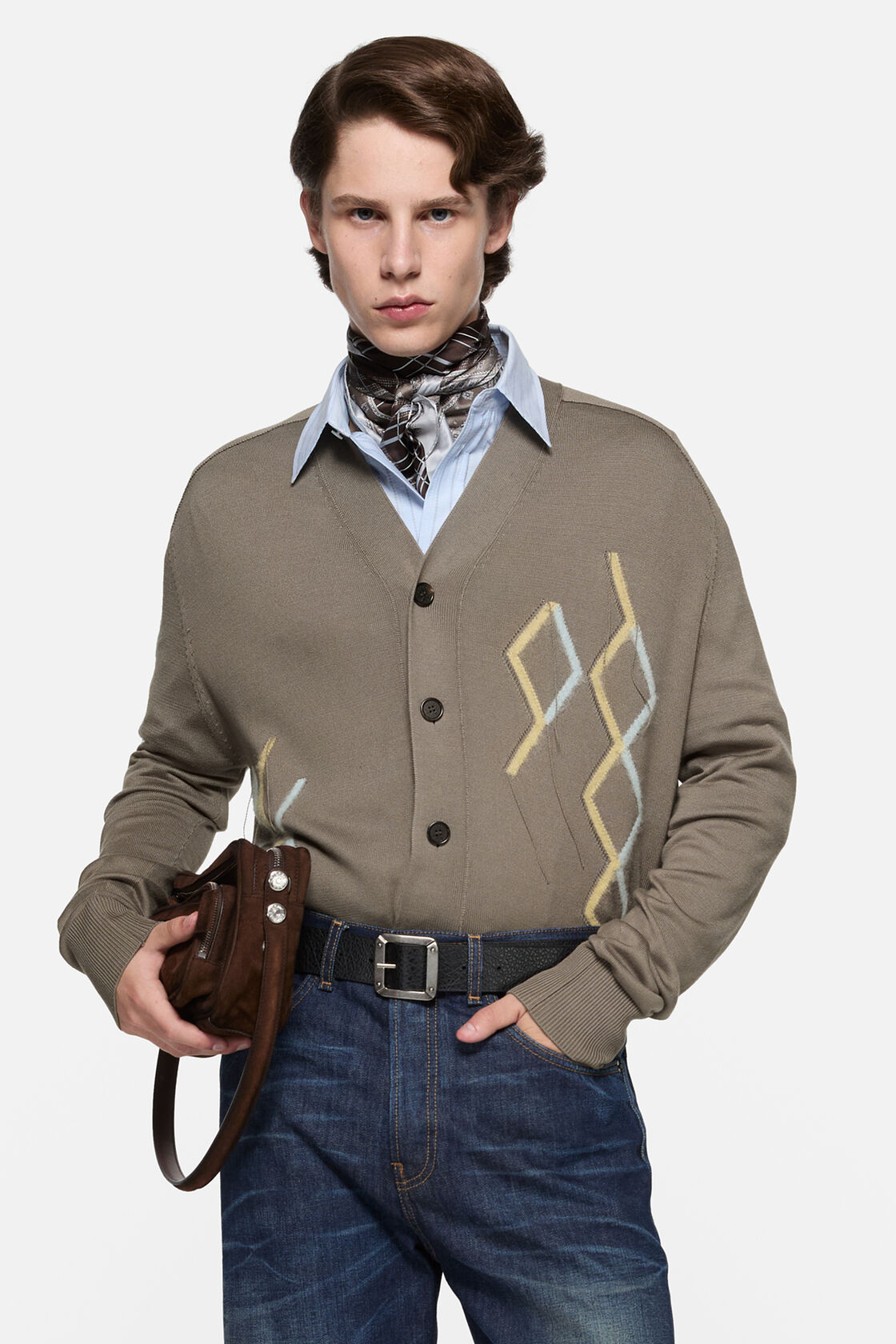 Argyle knit cardigan, Taupe Brown, 2000x
