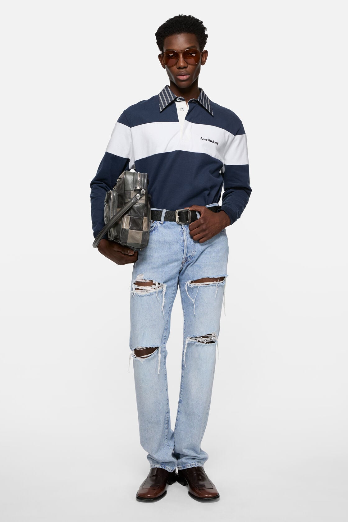 Striped polo sweatshirt, Navy/white, 2000x
