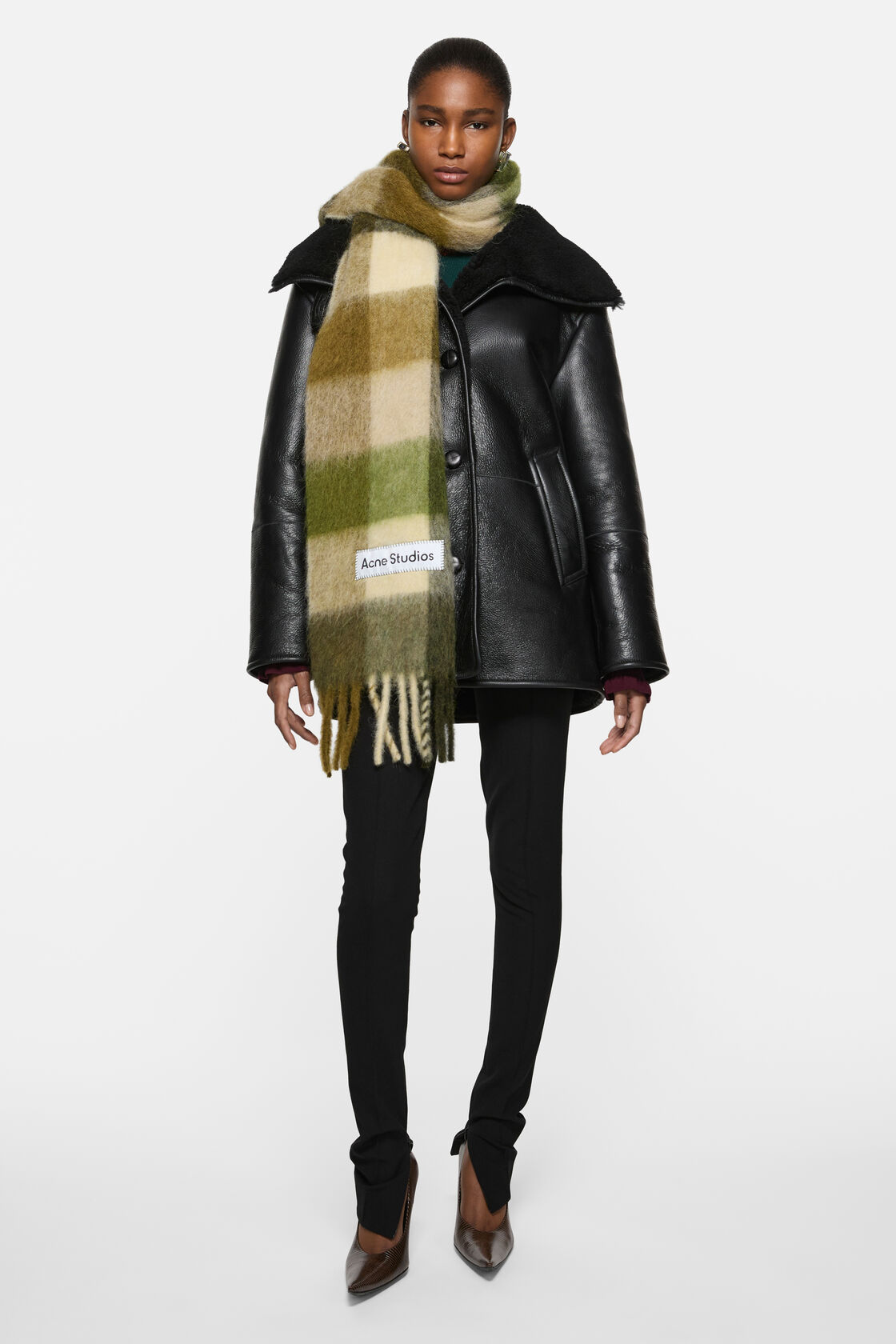 Mohair Check Scarf, Khaki/Cream/Dark Green, 2000x