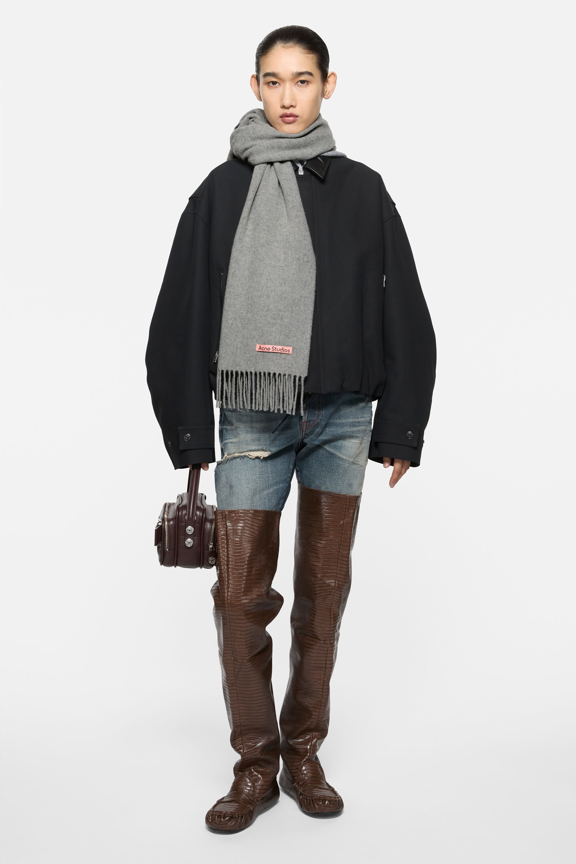 Acne Studios - フリンジウールスカーフ - ナロー - ライトグレーメランジ