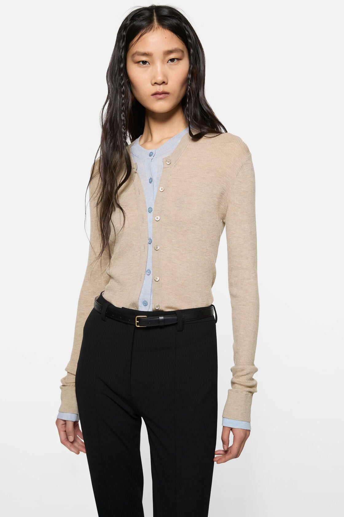 Layered silk-wool cardigan, Beige/light blue, 2000x