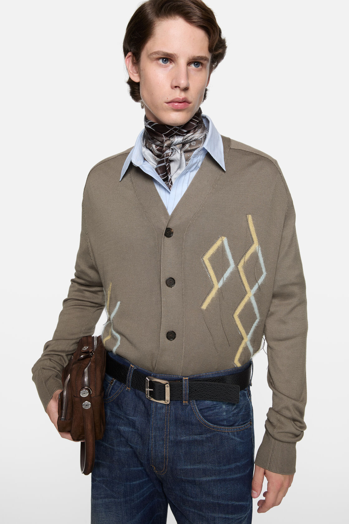 Argyle knit cardigan, Taupe Brown, 2000x