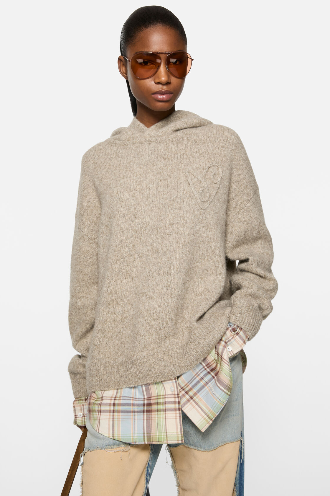 Layered knit hoodie, Medium beige, 2000x
