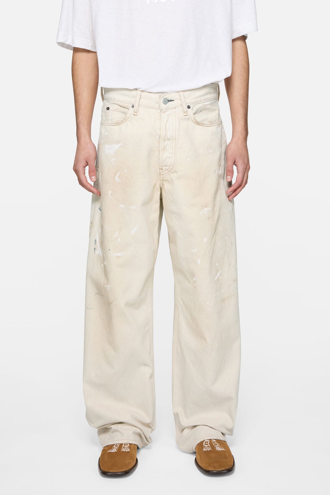 Loose fit jeans with leather pockets, White, 2000x