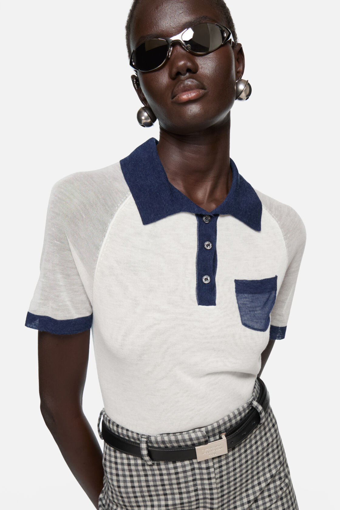 半袖Vネックセーター, ホワイト/ネイビー, 2000x