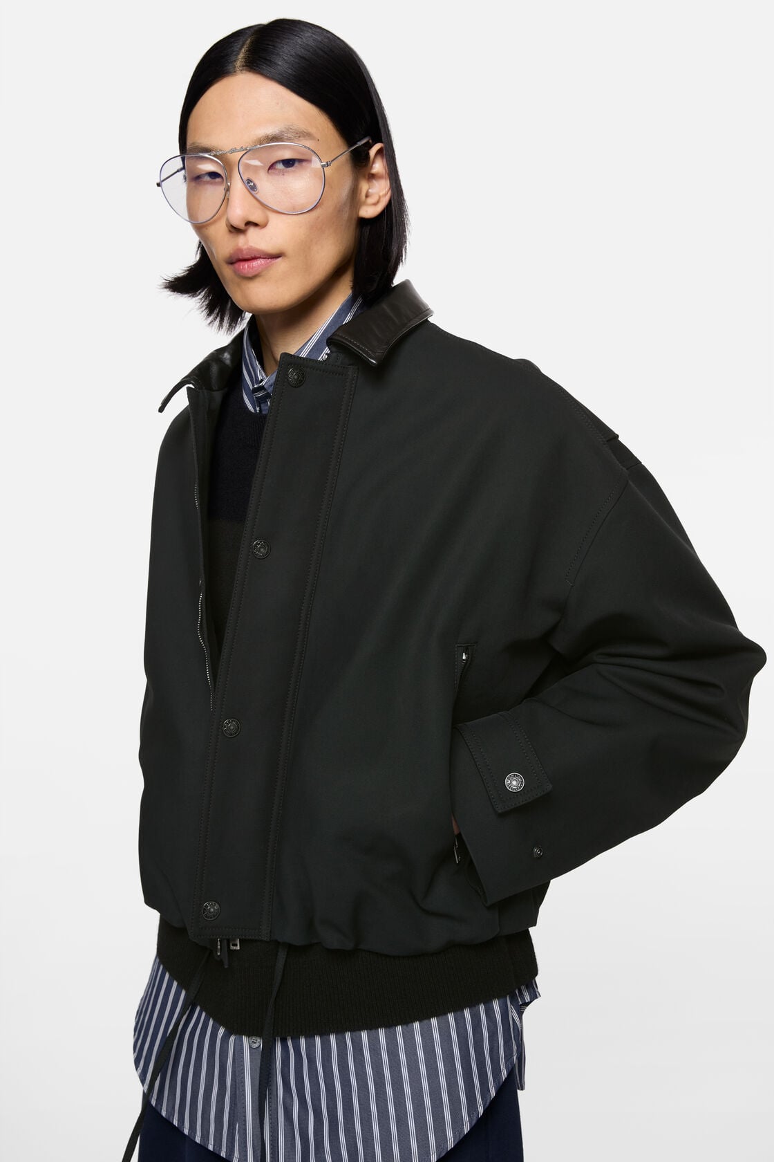 Bomber with leather collar, Black, 2000x