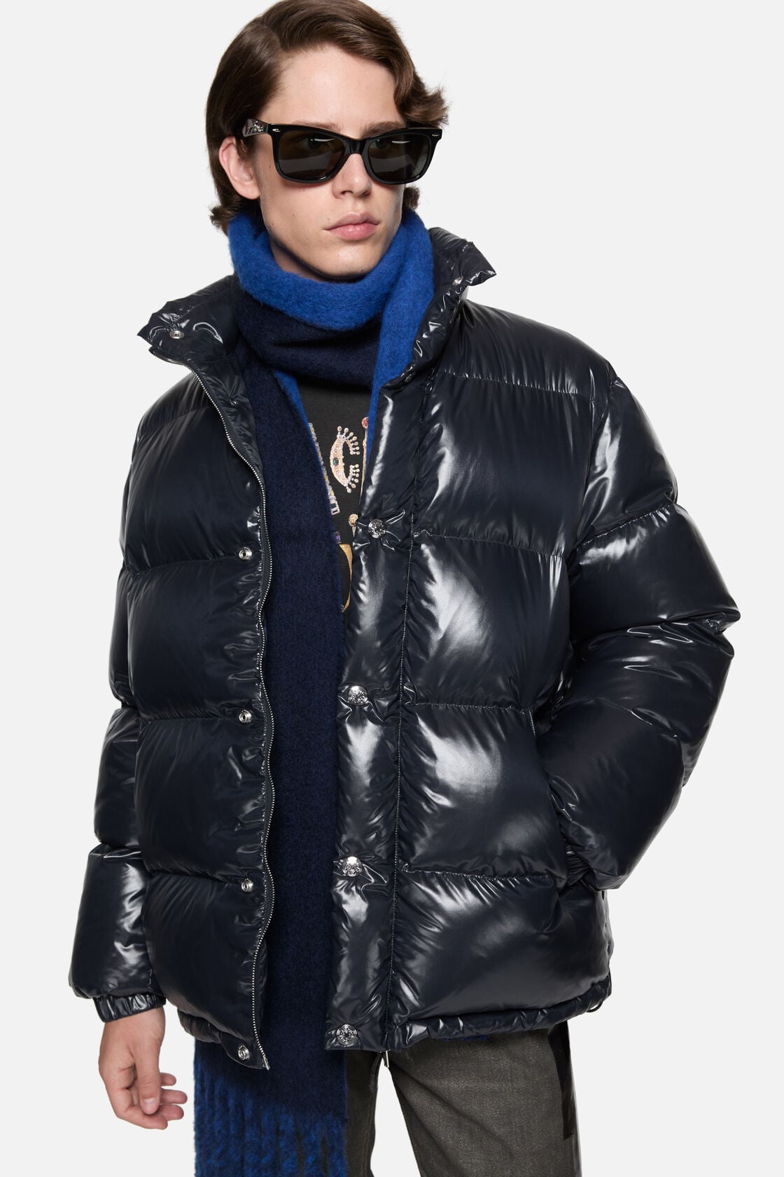 Shiny Quilted Down Jacket, Navy, 2000x