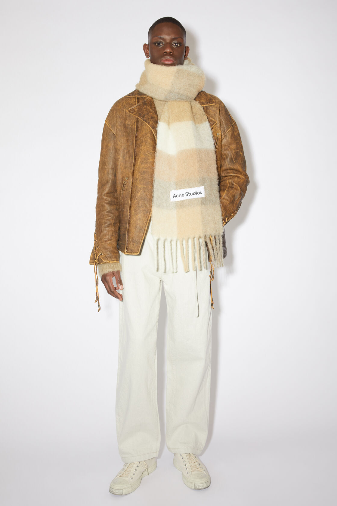 马海毛混纺格纹围巾, 白色/米色, 2000x