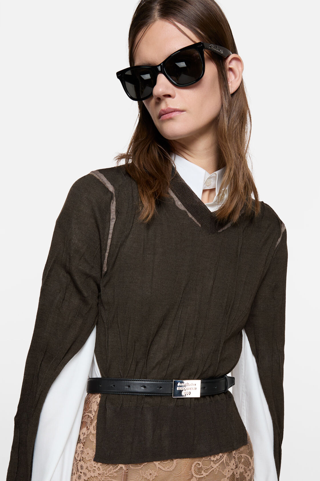 Wrinkled v-neck sweater, Brown/grey, 2000x