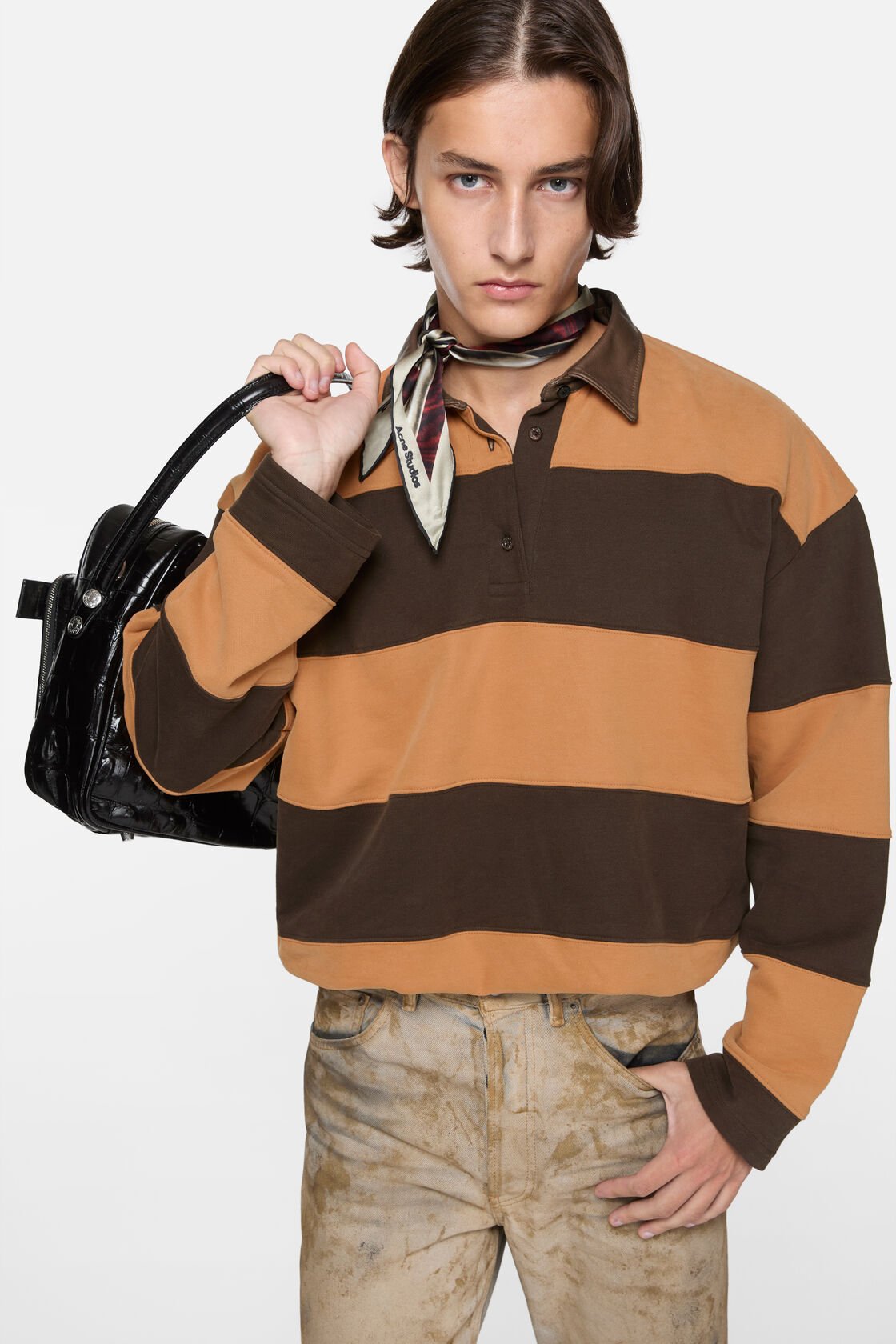 Striped polo sweater, Dark brown/cognac brown, 2000x