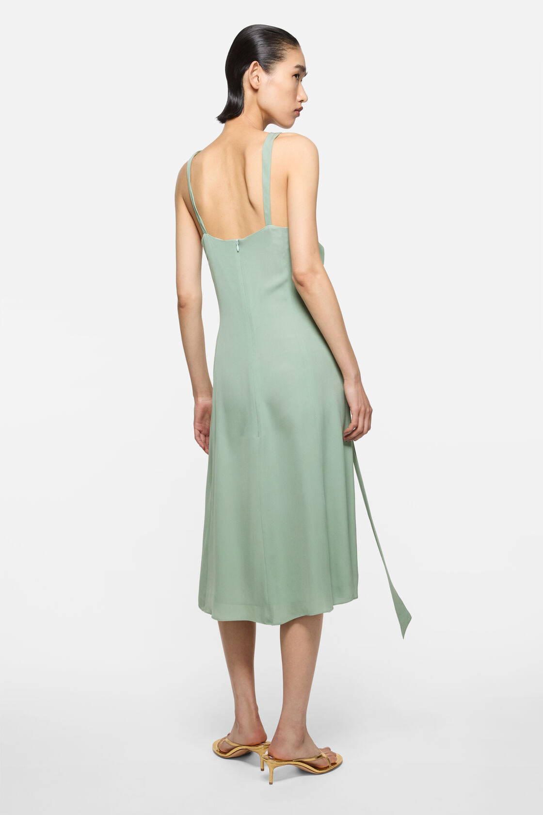 Silk midi dress with bow, Sage green, 2000x