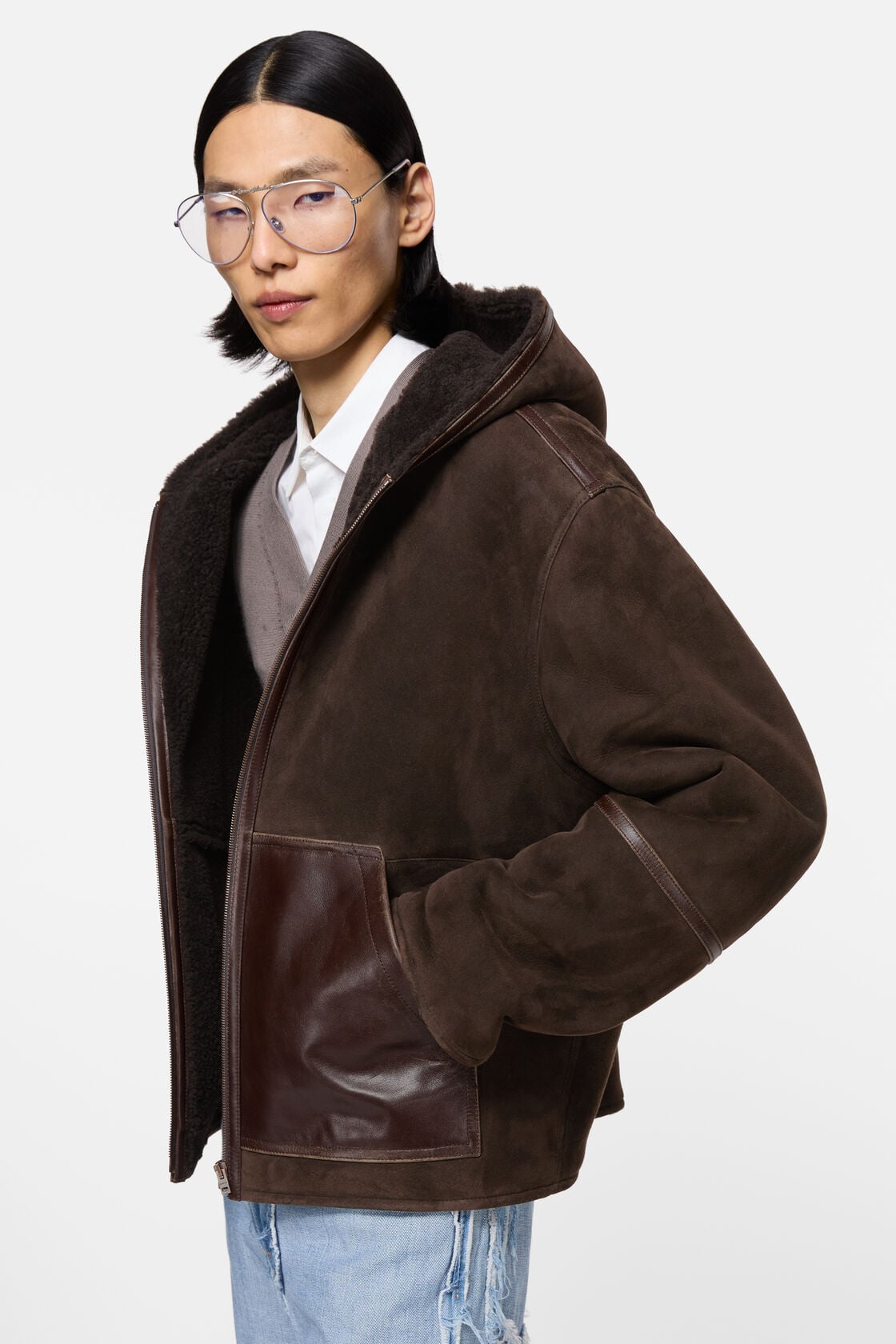Shearling jacket with hood, Dark brown, 2000x