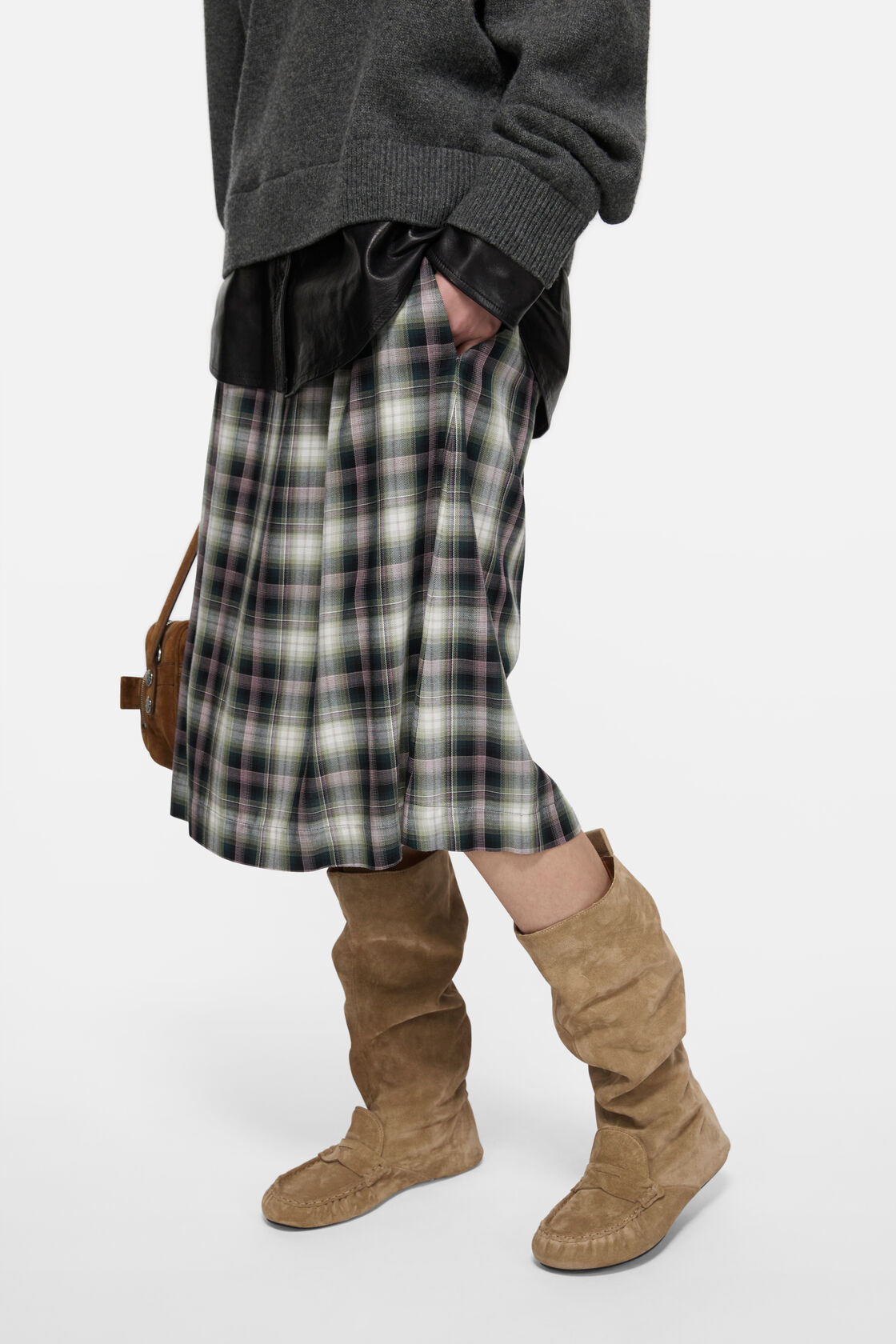 格纹中长半身裙, 黑色/绿色, 2000x