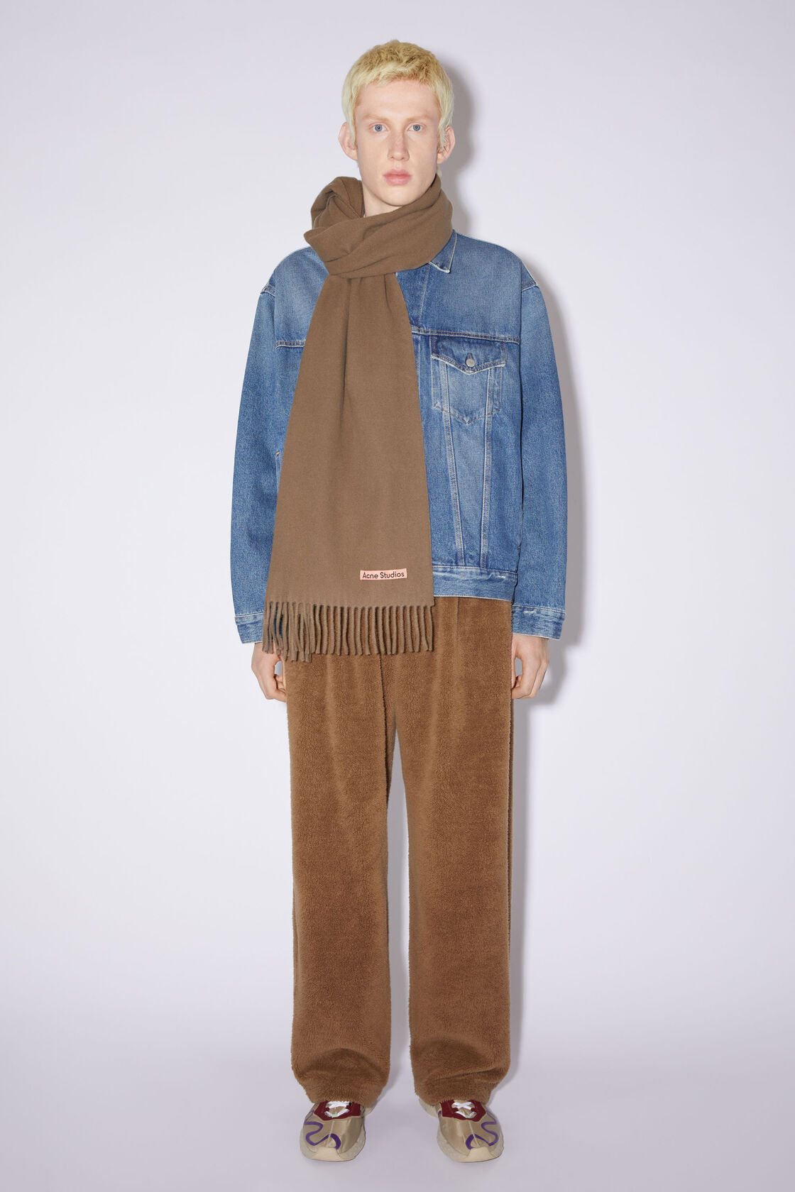 Fringe wool scarf - Narrow, Caramel brown, 2000x