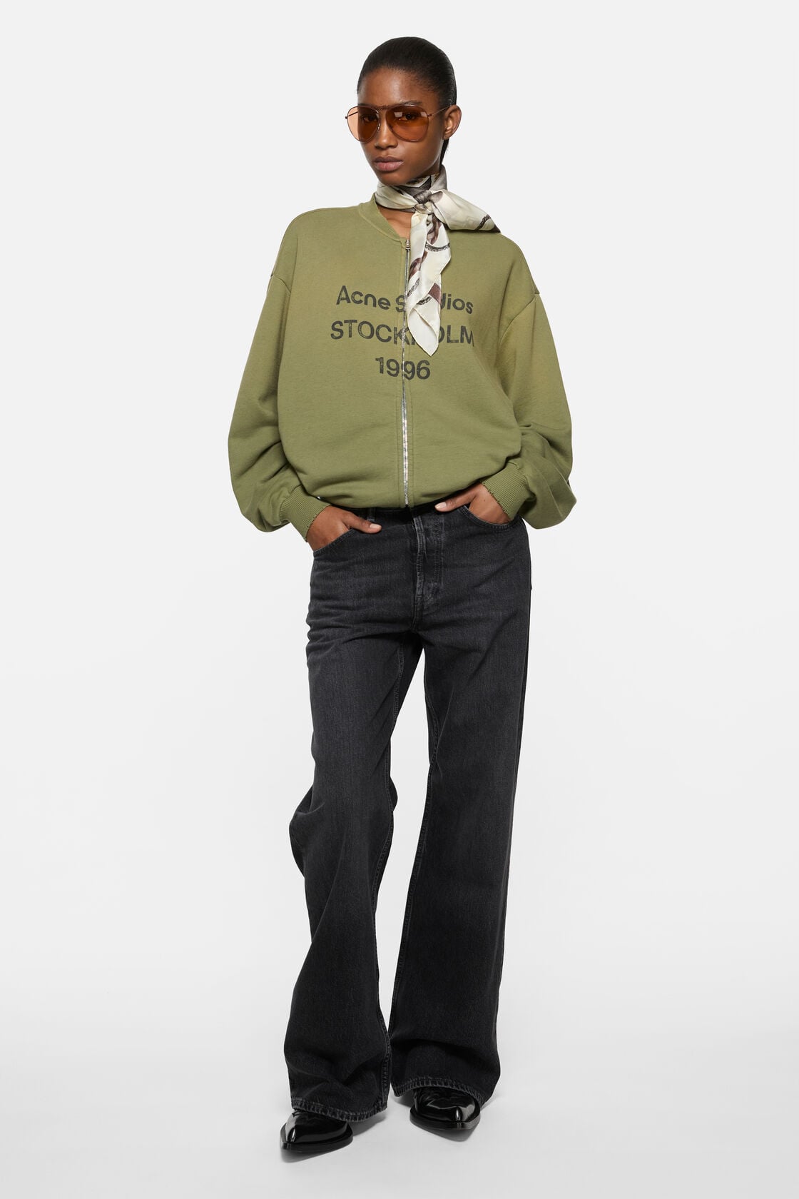 Washed zip-up cardigan, Olive green, 2000x