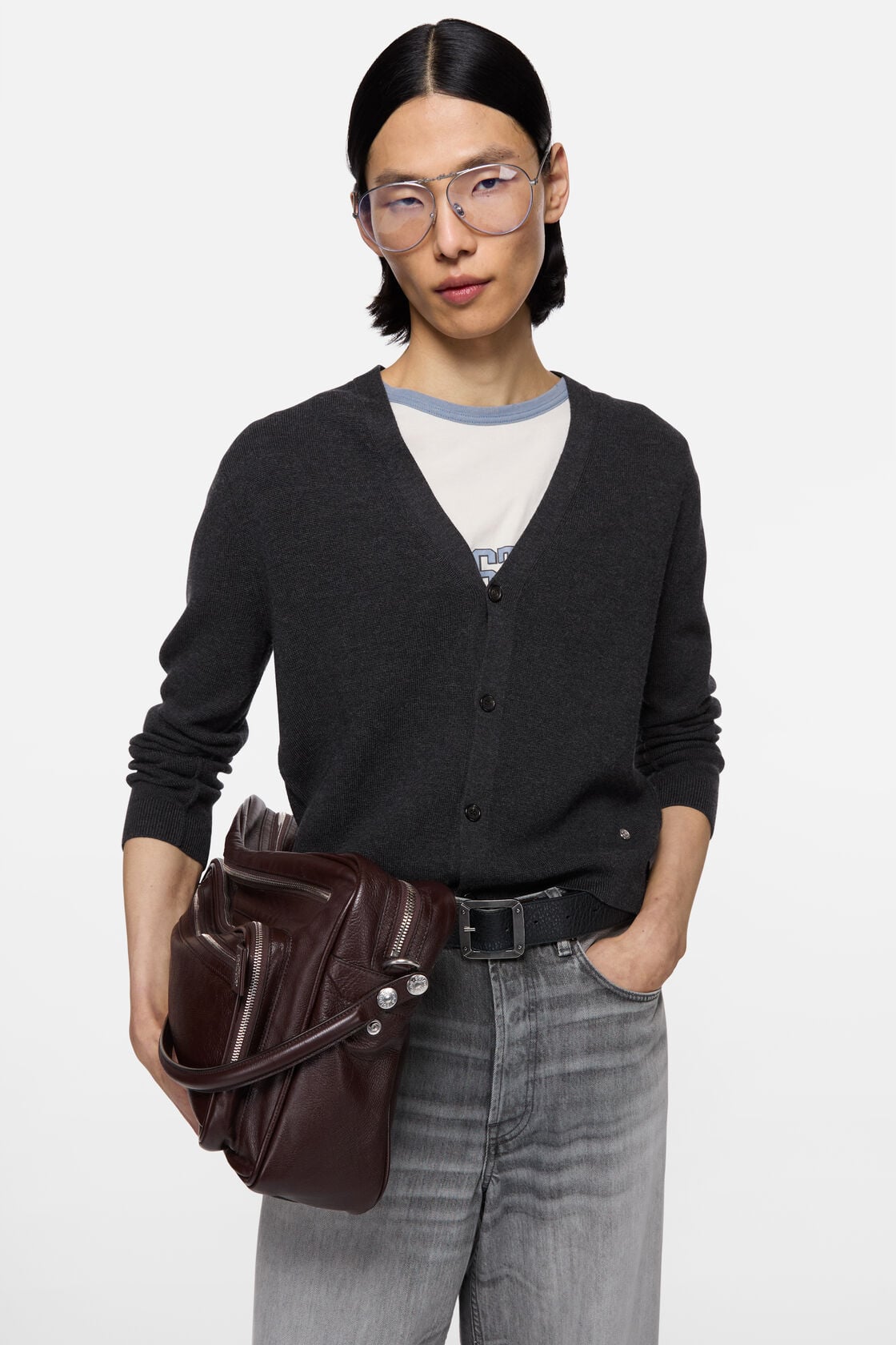 V-neck wool cardigan, Dark Navy Melange, 2000x