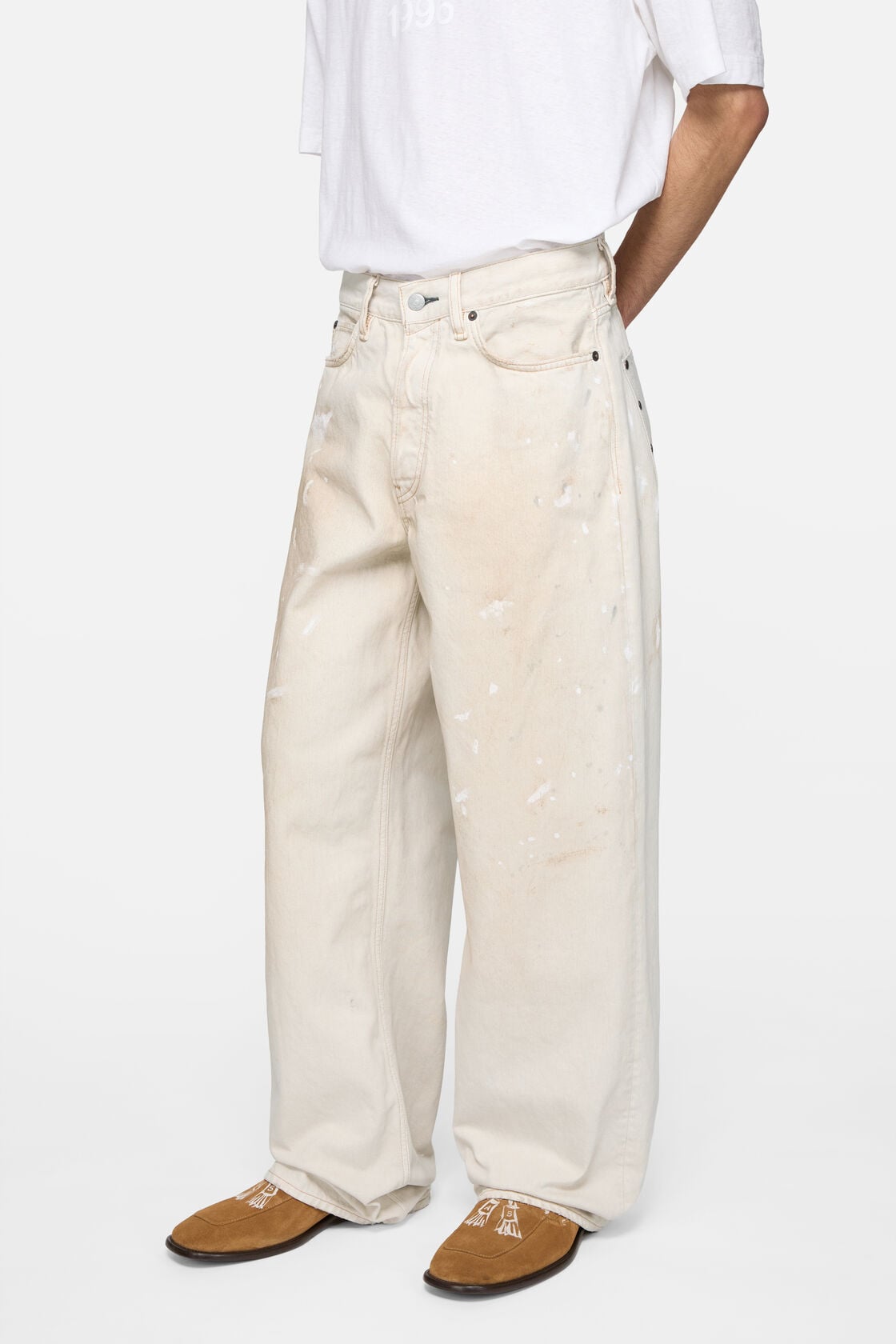 Loose fit jeans with leather pockets, White, 2000x