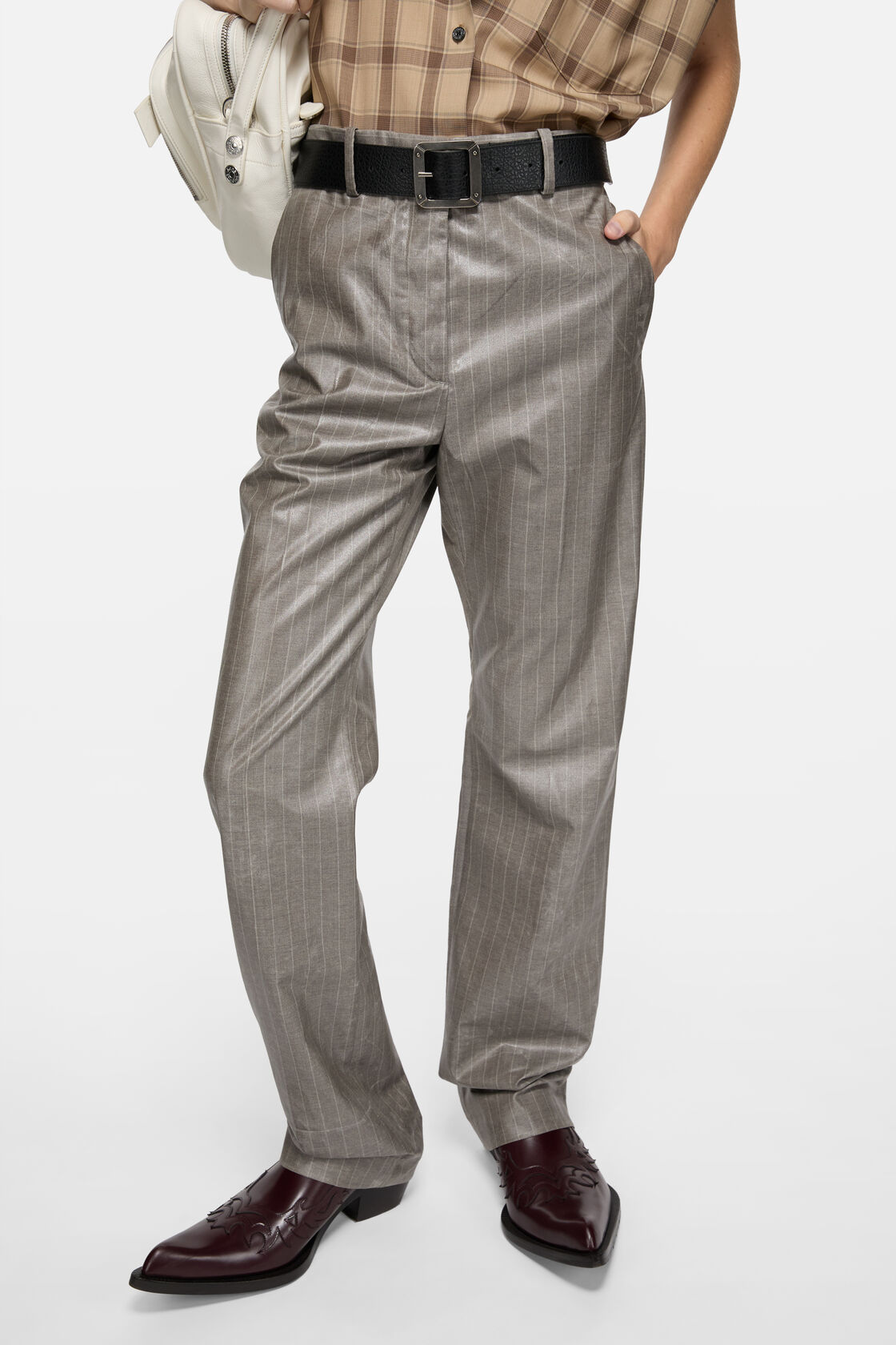 Coated pinstripe trousers, Warm Grey, 2000x