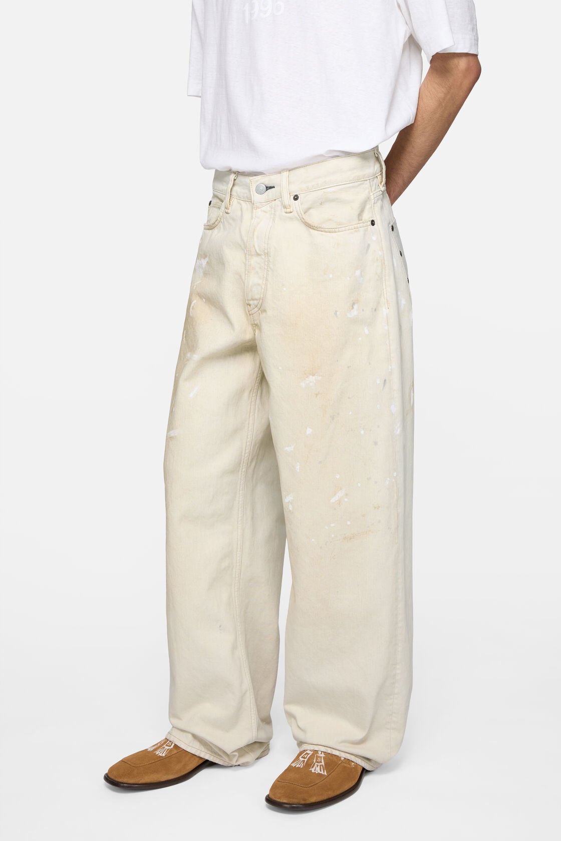 Loose fit jeans with leather pockets, White, 2000x