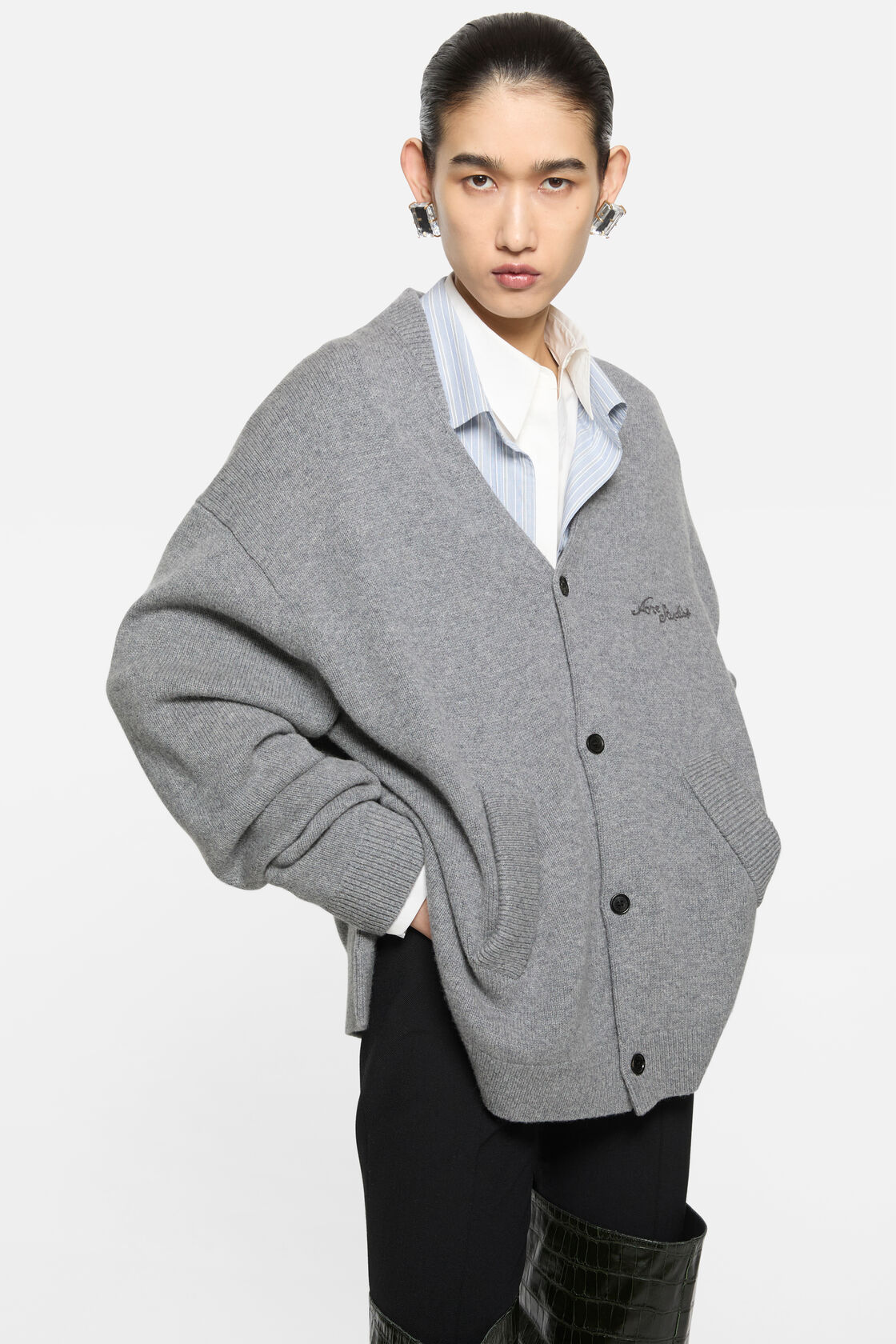 Wool V-Neck Cardigan, Dark Grey Melange, 2000x