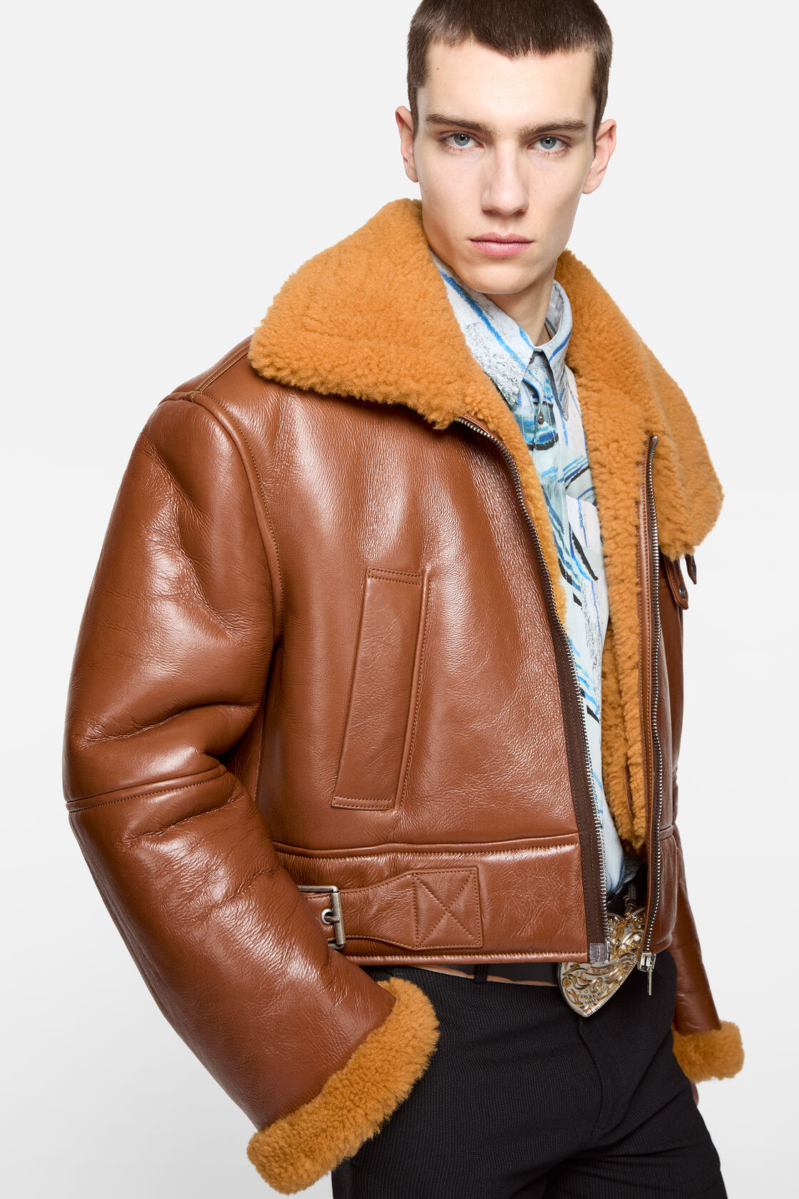 Shearling biker jacket, Rust brown, 2000x