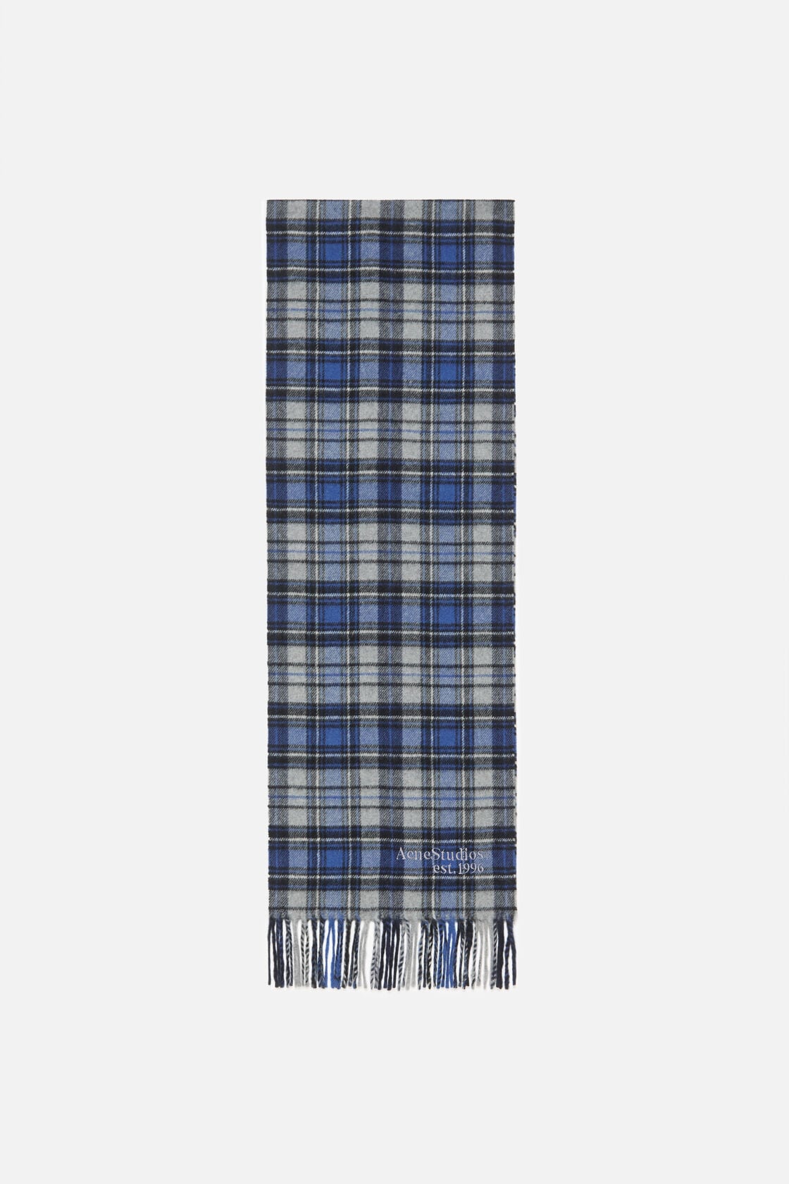 Acne Studios blue and grey tartan cashmere scarf with fringed ends and embroidered logo.