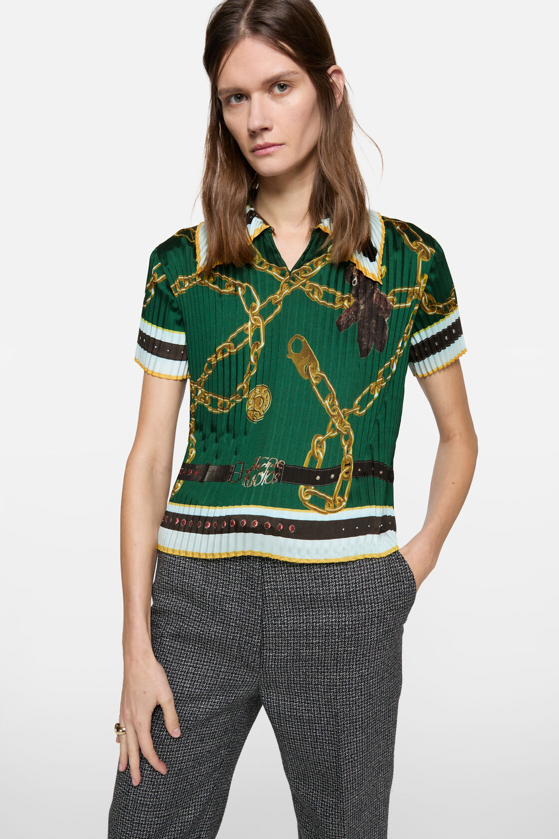 褶饰印花女衬衫, 绿色, 2000x