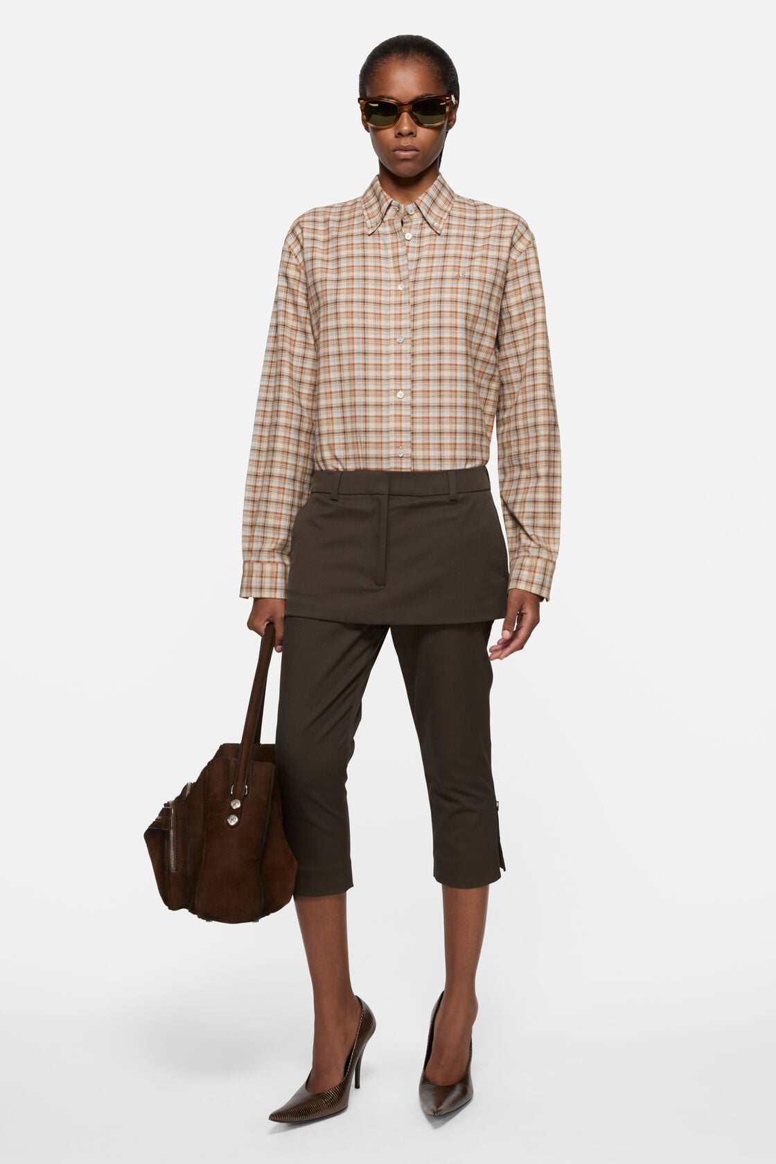 Checked cotton‑linen shirt, Brown/grey, 2000x