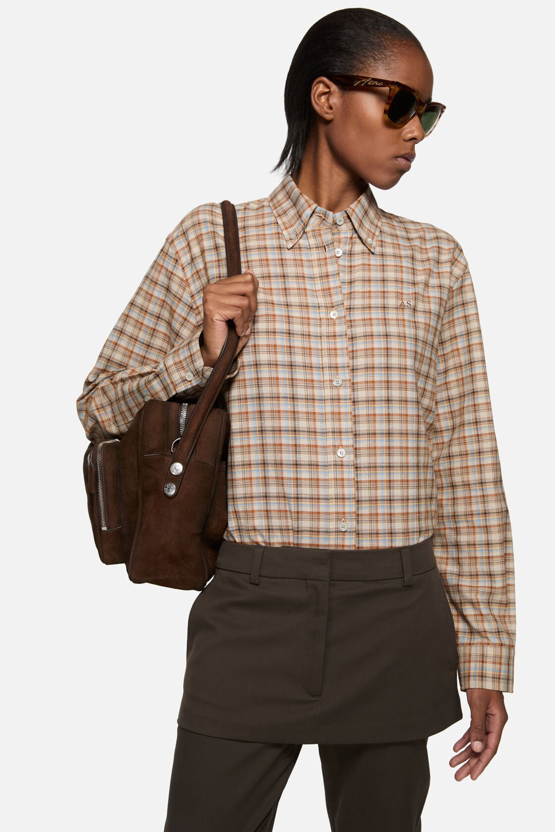 Checked cotton‑linen shirt, Brown/grey, 2000x
