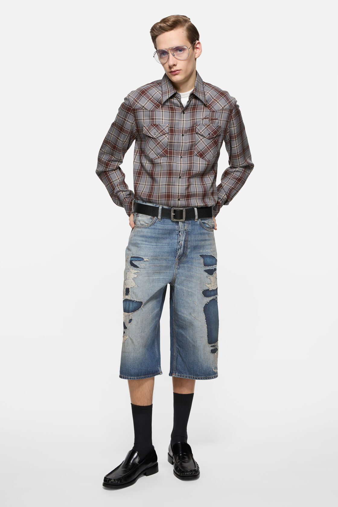 Mended denim shorts, Mid Blue, 2000x