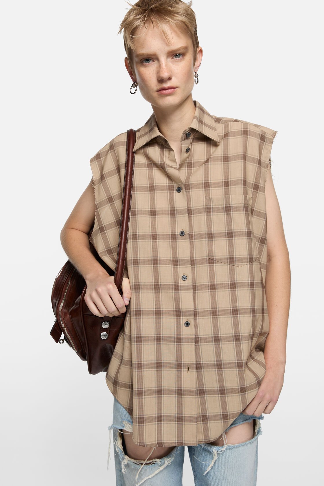 Check button-up vest, Beige Multi, 2000x