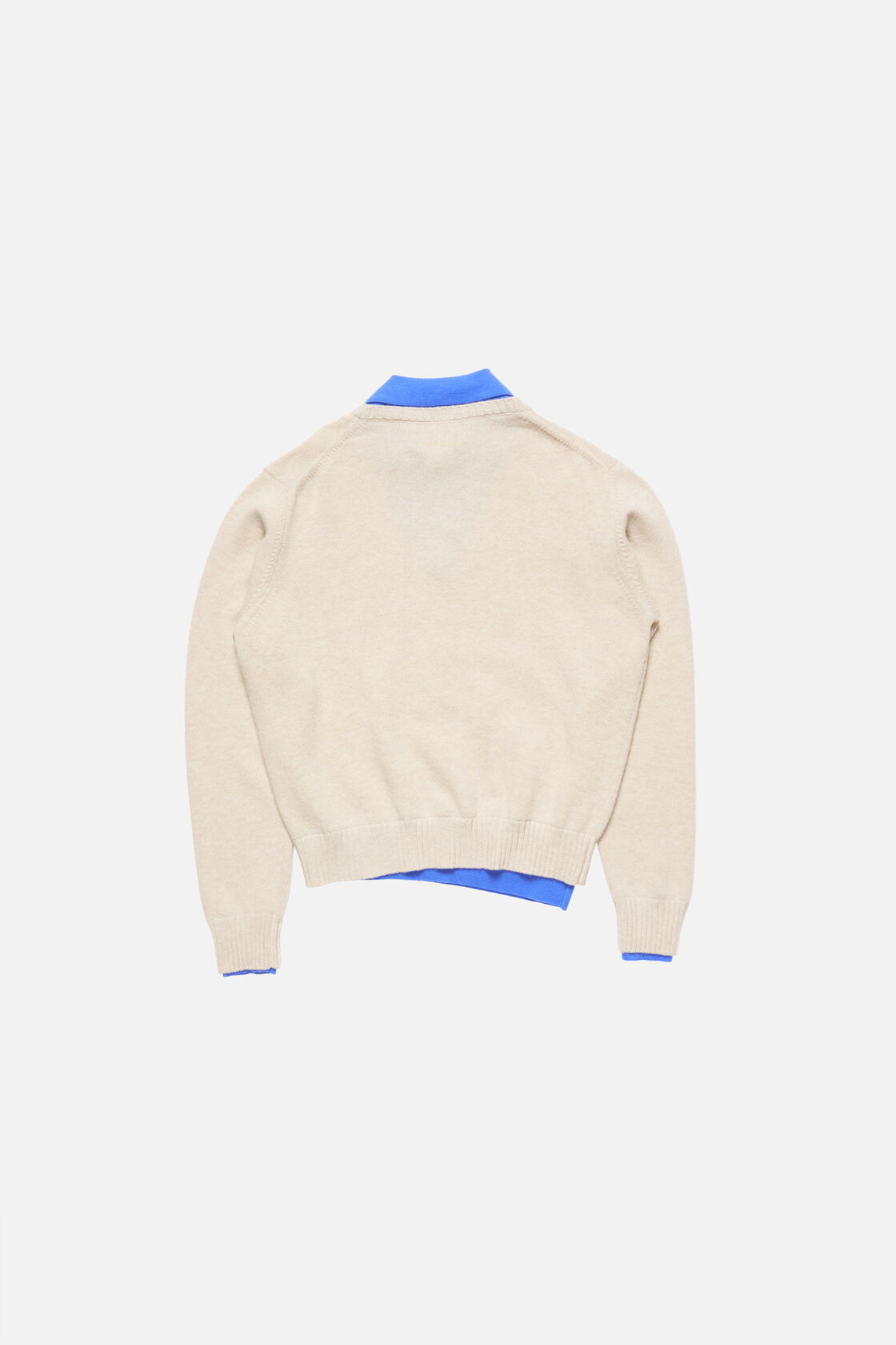 Acne Studios dirty white wool knit sweater with blue contrast collar, cuffs, and hem, shown from the back.