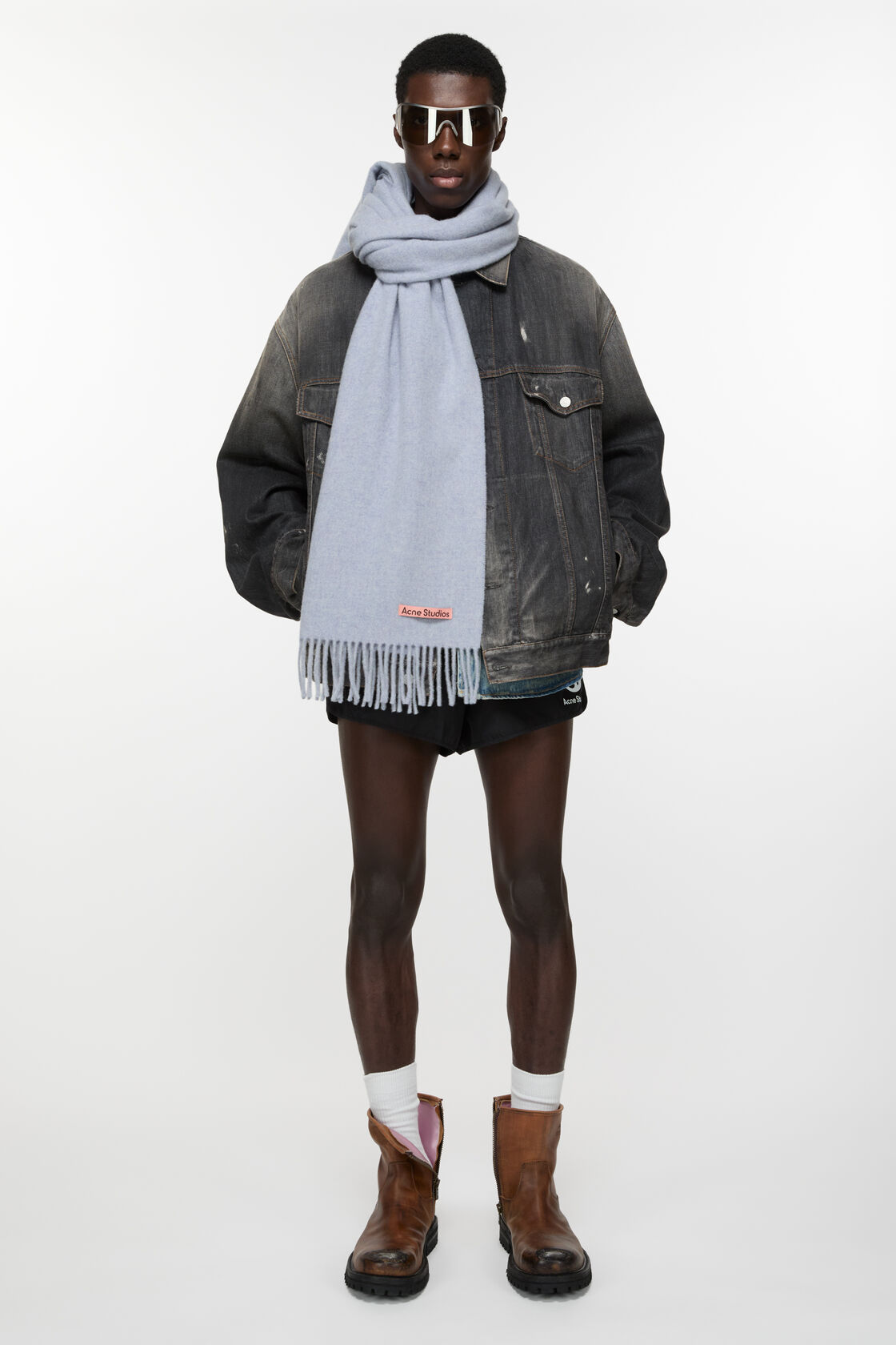 Fringe wool scarf – Narrow, Powder blue mélange, 2000x