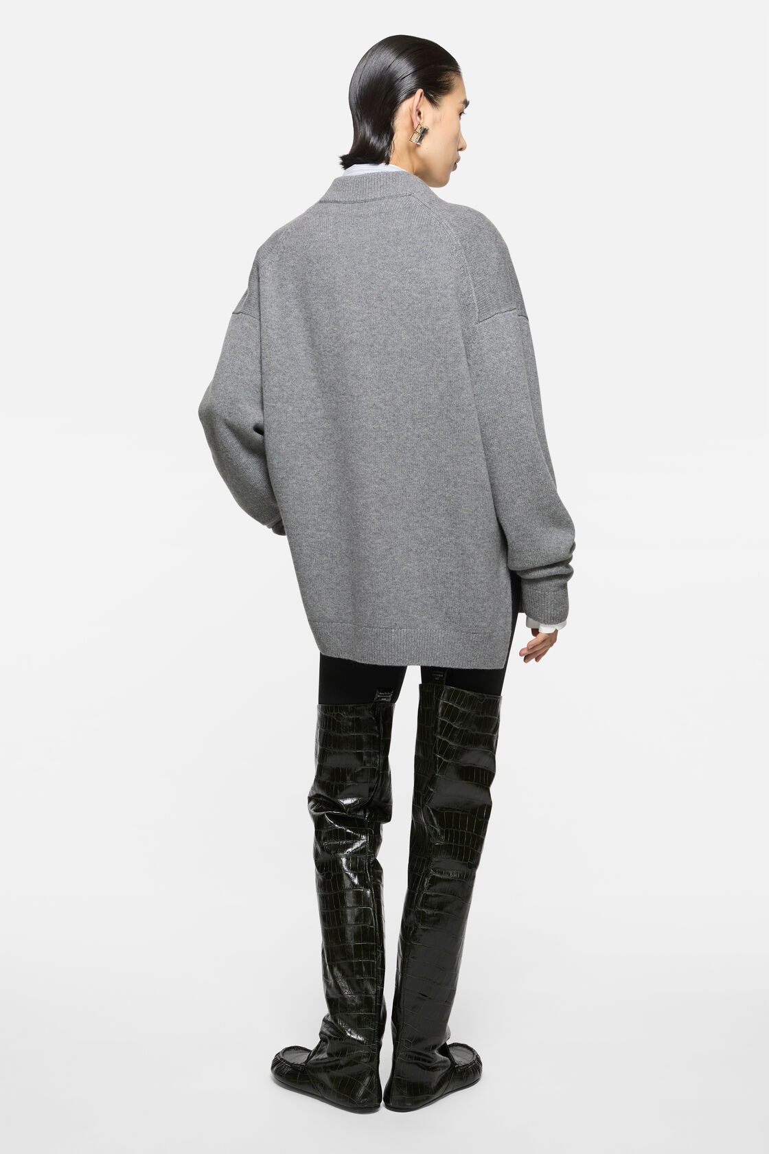 Wool V-Neck Cardigan, Dark Grey Melange, 2000x