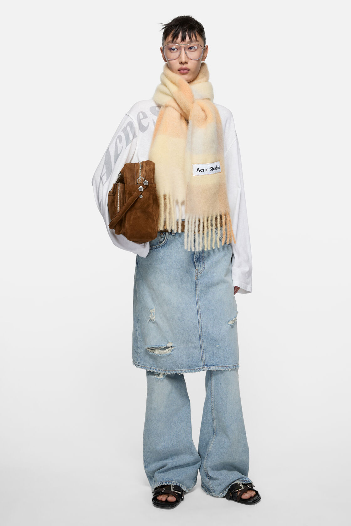 Mohair checked scarf, Peach/White/Beige, 2000x