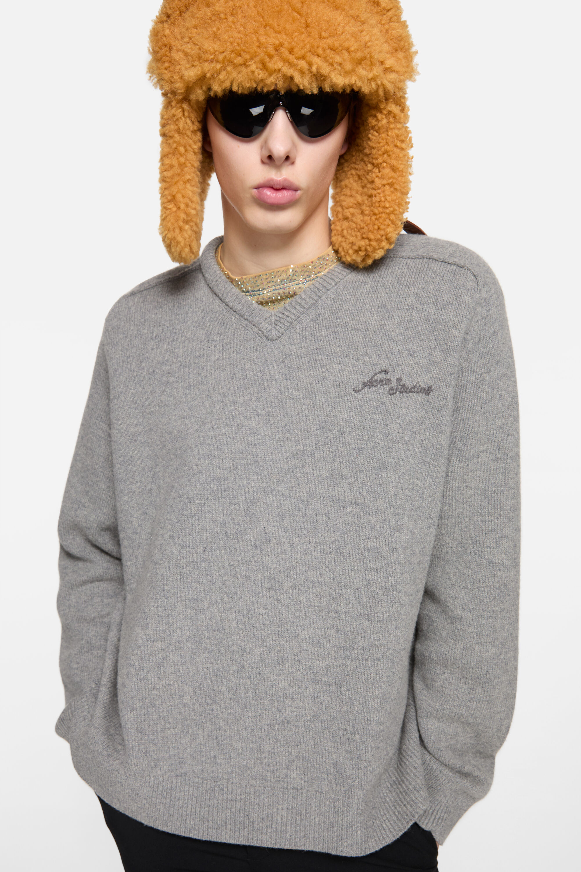 Acne Studios - Vネックウールセーター - ダークグレーメランジ