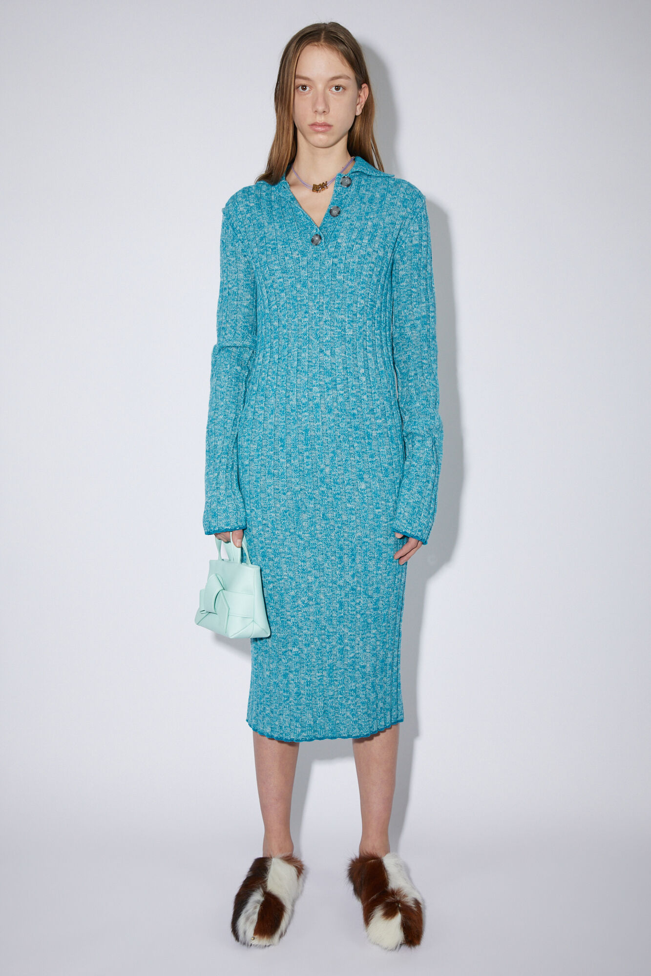 Polo ribbed knit dress - Grey/Turqouise