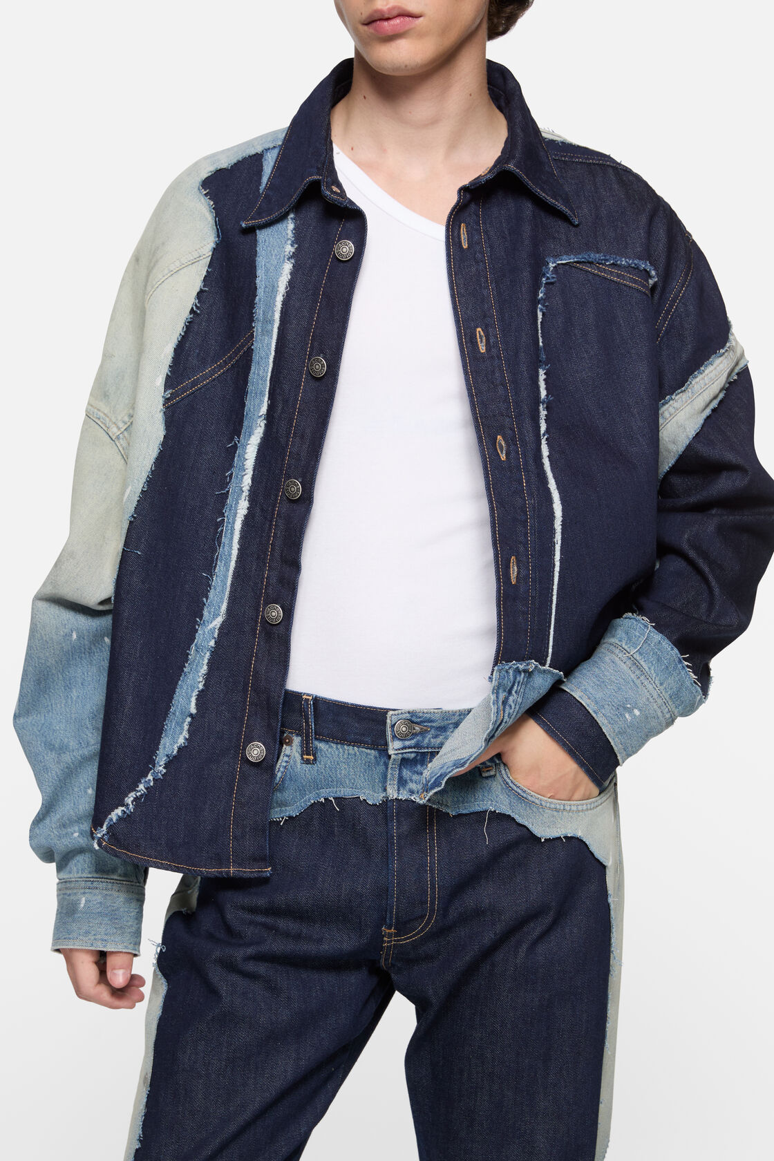 Patchwork Denim Shirt, Indigo/blue, 2000x