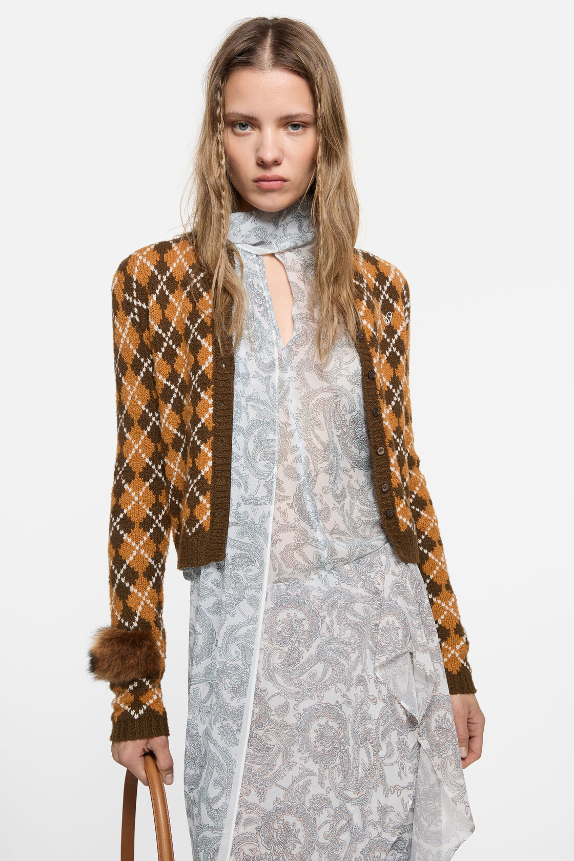 Boucl&eacute; Argyle Knit Cardigan, Brown/orange, 2000x