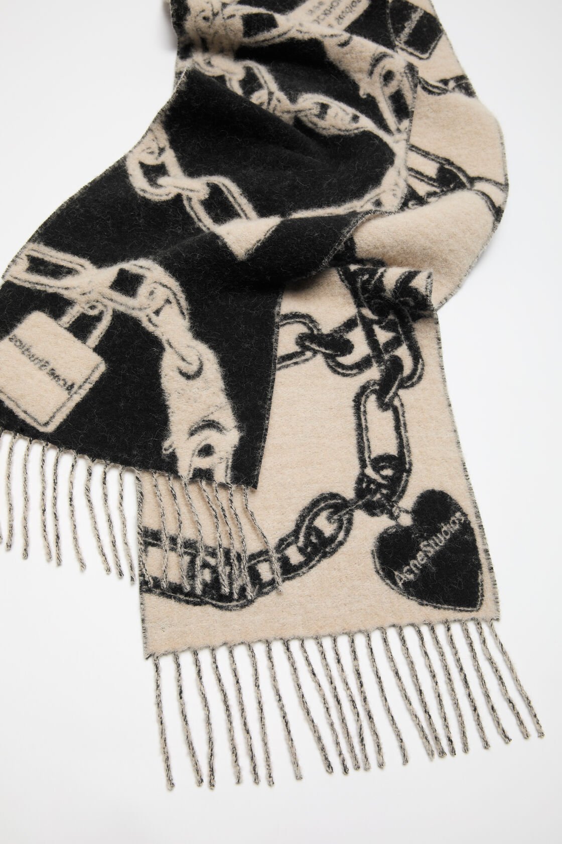 Fringed wool scarf, Beige/black, 2000x