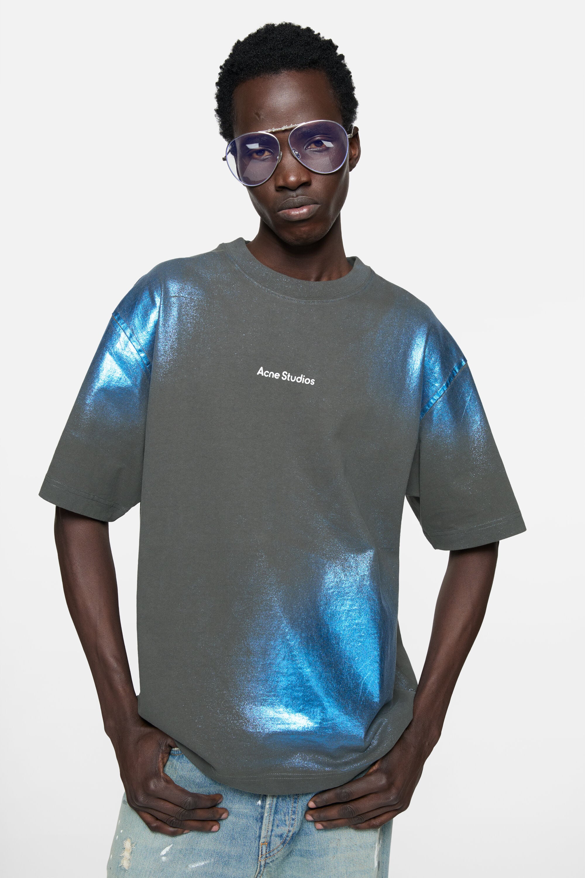 Acne Studios - グリッターロゴTシャツ - ブルー/カーキ