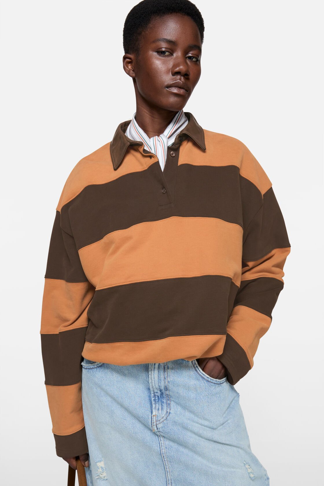 Striped polo sweater, Dark brown/cognac brown, 2000x
