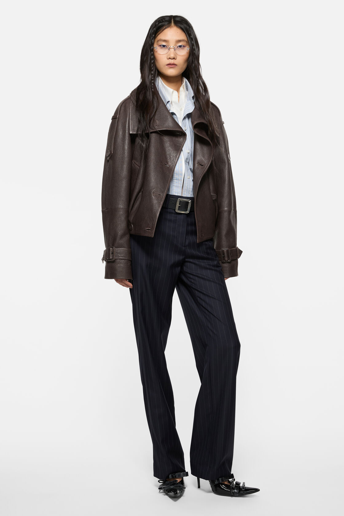 Cropped leather trench coat, Dark brown, 2000x